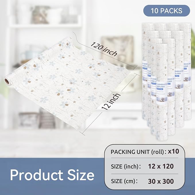 FIFTY FEET 12"x120" Non-Adhesive Shelf Liner for Kitchen Cabinets and Drawers, Washable Non-Slip PVC Cabinet Liner (White Floral)(10 Roll) - Image 5
