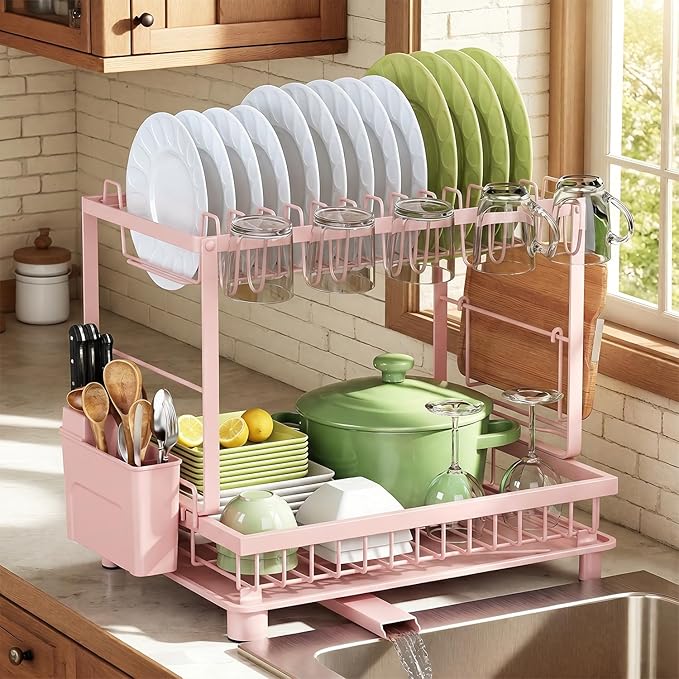 2-Tier Dish Drying Rack for Kitchen Counter, Space-Saving, Pink by Nfnoyp