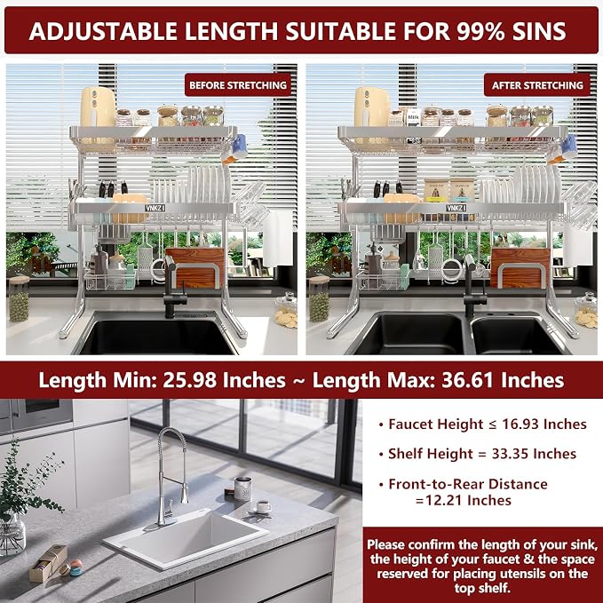 VNKZI Over Sink Dish Drying Rack, 3 Tier Full Stainless Steel Storage Adjustable Length (25.98'' to 36.61'') Kitchen Rack, Multifunctional Expandable Counter Organizer, Space Saver Dish Rack - Image 2