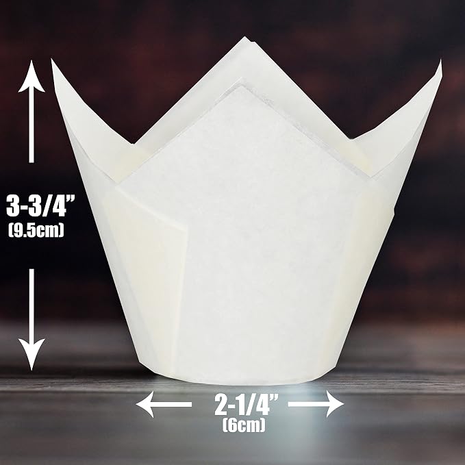 Jumbo Extra Large size White Tulip Baking Cups 2-1/4"(Base diameter) x 3-3/4"(Wall height) Greaseproof paper baking cupcake Muffin liners, Case of 130 pcs - Image 2