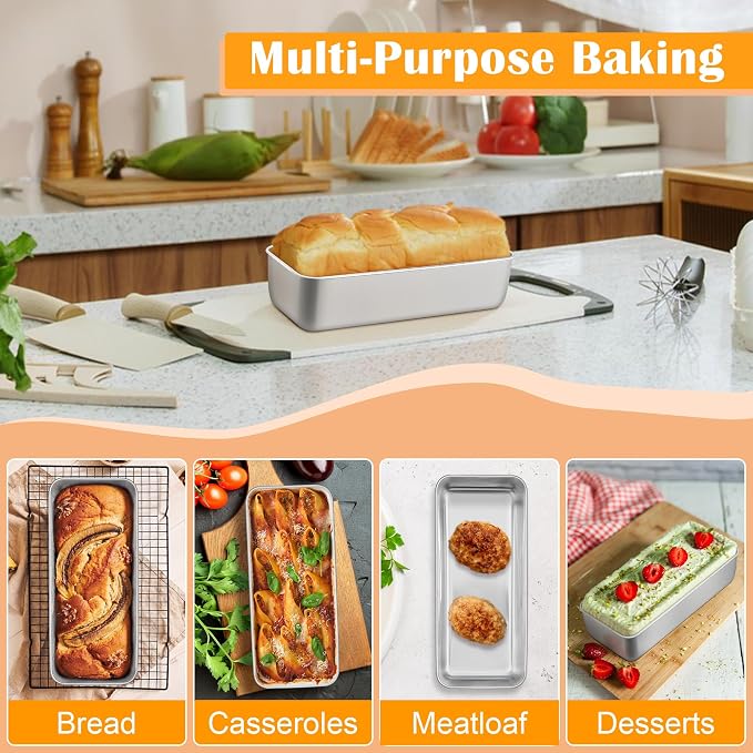 E-far Bread Loaf Pan, 12” x 5” Large Stainless Steel Loaf Pan | for Homemade Bread, Long Metal Bread Baking Mold for Banana Cake Meatloaf Sourdough Lasagna, Nontoxic & Dishwasher Safe - Image 5
