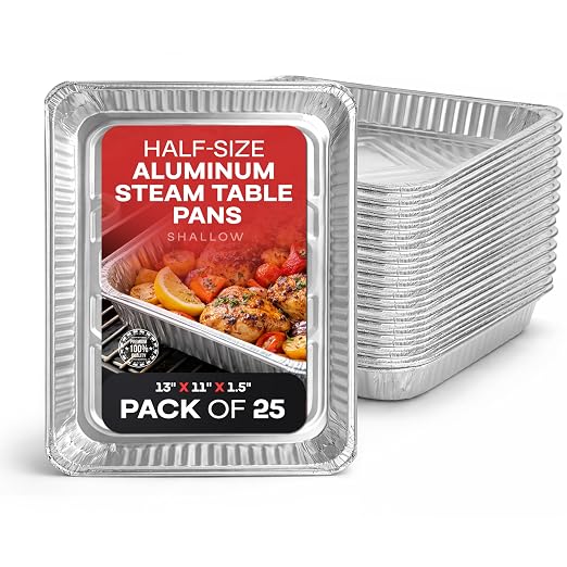 IDL Packaging Half-Size Aluminum Steam Table Pans - Shallow, 13" x 11" x 1.5" (pack of 25) - Disposable Foil Pan for Grilling, Roasting, BBQ, Cooking, Baking, Freezing by IDLPackaging