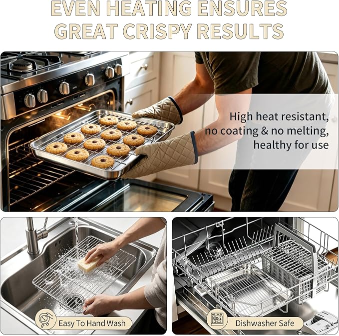 TeamFar Stainless Steel Baking Sheet with Rack Set, 16"x12"x1" | 2 Pans + 2 Racks, Cookie Sheet Baking Pan Tray with Cooling Rack for Cooking, Non-Toxic & Rust Proof, Dishwasher Safe - Image 5