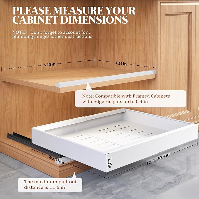 Seinloes 6 Pack Expandable Pull Out Cabinet Organizer 21"Deep With Raising Pad for Framed Cabinets,Upgrade 3 Slide Rails Slide Out Drawers,No Drill Roll Out Shelves,Adjustable Width 12.1"-20.4" White - Image 3