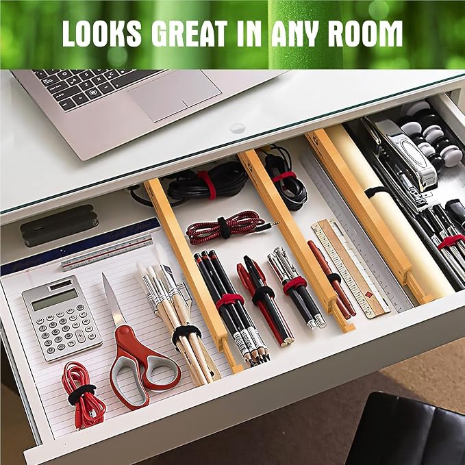 ANTOWIN Bamboo Drawer Dividers Organizers 16pcs, Expandable Drawer Separators Splitter, 17-22 inches Long Adjustable Spring-loaded Organizer for Large Utensil, Clothes, Tools Drawers (8+8) - Image 6