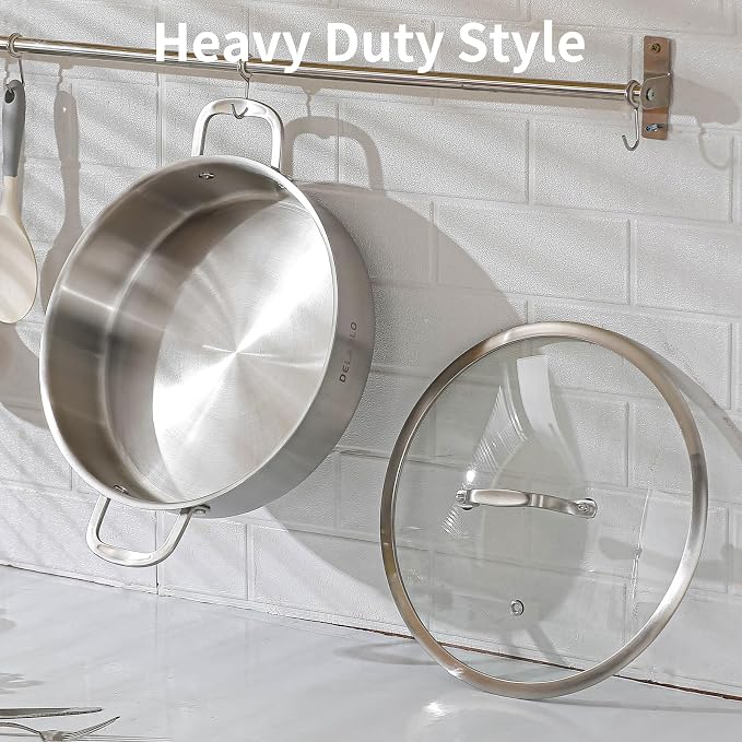 DELARLO Tri-Ply Stainless Steel 7QT Saute Pan With Lid, 12 Inch Deep Frying Pan, Induction Large Skillet, Cooker Pan for Chefs, Dishwasher & Oven Safe - Image 5