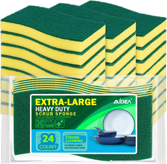 AIDEA Sponges Kitchen, XL Heavy Duty Dish Sponge, Cleaning Dish Scrubber Sponge for Home and Kitchen, Extra Large Cleaning Supplies for Pots, Pans, 24 Pack