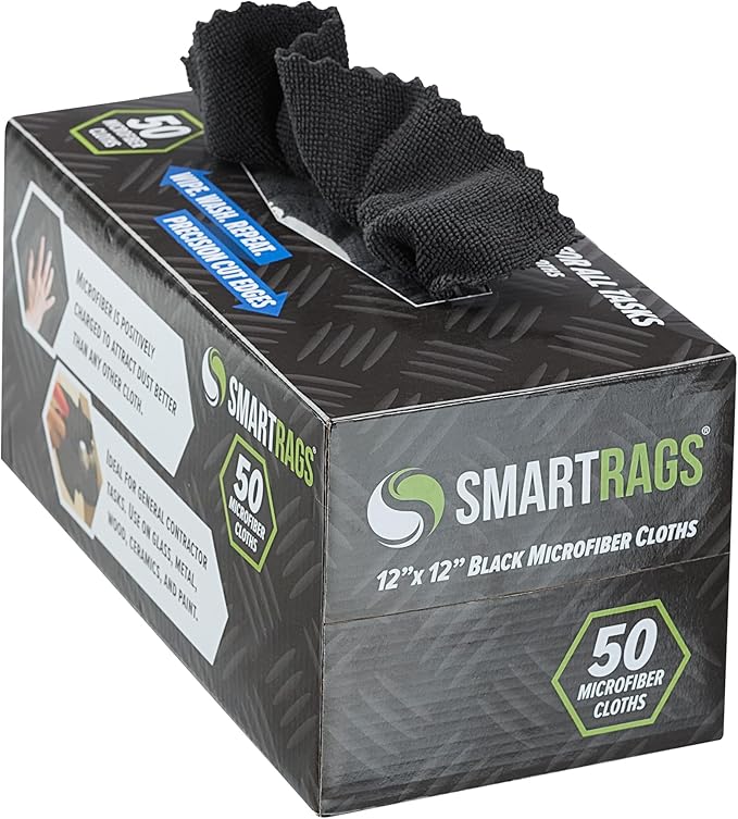 Arkwright Smart Rags Microfiber Cleaning Cloths, Pack of 50 in a Box, Lint Free 180 GSM Reusable Towels for Auto, Office and Household Cleaning, 12 x 12 in, Black by Arkwright