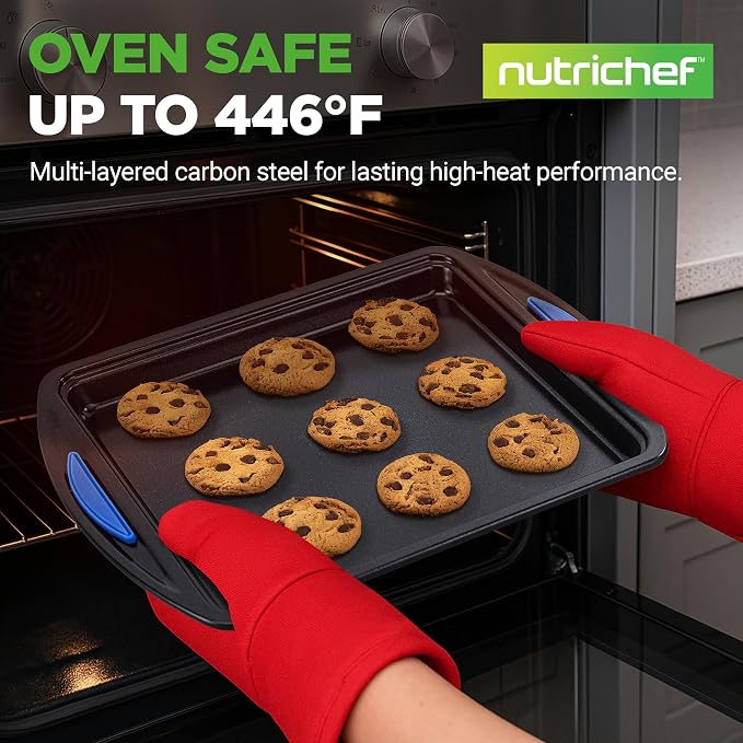 NutriChef 3-Piece Nonstick Cookie Sheets for Baking – Carbon Steel Stackable Bakeware Set w/ Silicone Handles - Non Toxic Baking Pan - Durable & Wrap Resistance, Oven Safe - Easy cleanup - Image 2