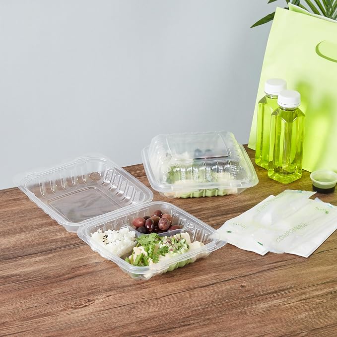 Restaurantware-Chef 101 30 Ounce Hinged Clamshell Containers, 100 Disposable Take Out Boxes - 3 Compartments, Secure Lids, Clear Meal Prep Containers, Microwavable, For Pasta Or Salads - Image 6