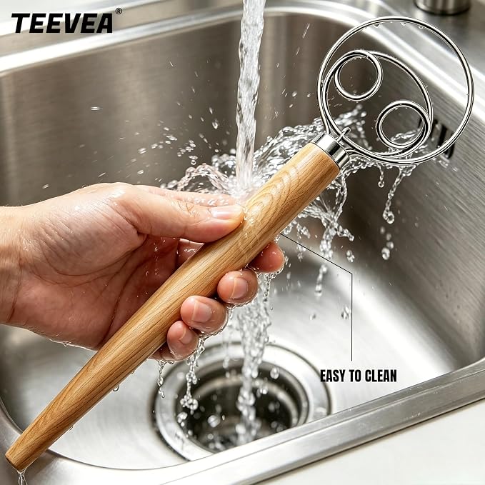 TEEVEA Danish Dough Whisk Stainless Steel Wooden Handle for Sourdough Bread | 4-Loop, Replaces Bread Spoon, Dough Hook and Hand Mixer, Rust Resistant, Heavy Duty Build, Easy Clean, Multi Use Baking Tool - Image 7