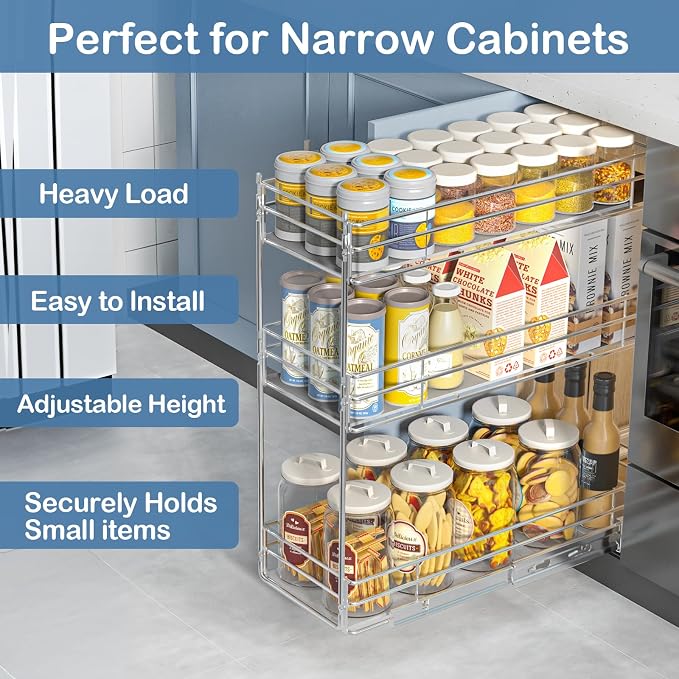 ROOMTEC Pull Out Spice Rack for Narrow Cabinet (8" W X 20½" D),3 Tier Heavy Duty Sliding Spice Cabinet Organization Shelf Racks, Pull Out Shelves Under Cabinet Storage for Kitchen - Image 2