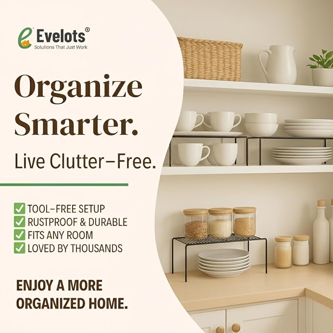 Evelots Wire Shelf Organizer Set Metal Cabinet Shelf Risers, 6-Pack, Black - Image 8