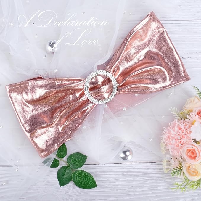 LEBENGURU Metallic Rose Stretch Chair Sashes 50pcs with Buckle Slider - Image 2