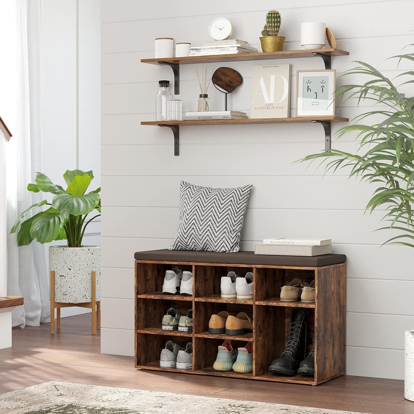 DINZI LVJ Long Wall Shelves, 39.4Inch Wall Mounted Shelves Set of 2, Extra Large Wall Storage Ledges with Sturdy Metal Brackets for Living Room, Bathroom, Bedroom, Kitchen, Rustic Brown