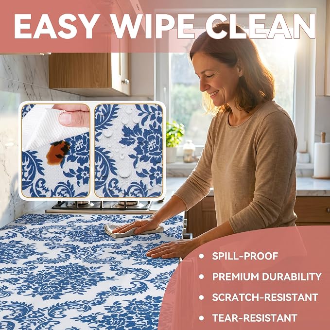 RAY STAR 12" x 10 Ft Shelf Liner for Kitchen Cabinets, Non-Adhesive Cabinet Liner Washable, Drawer Liner for Dresser Non-Slip Bathroom [Blue Damask](10 Rolls) - Image 4
