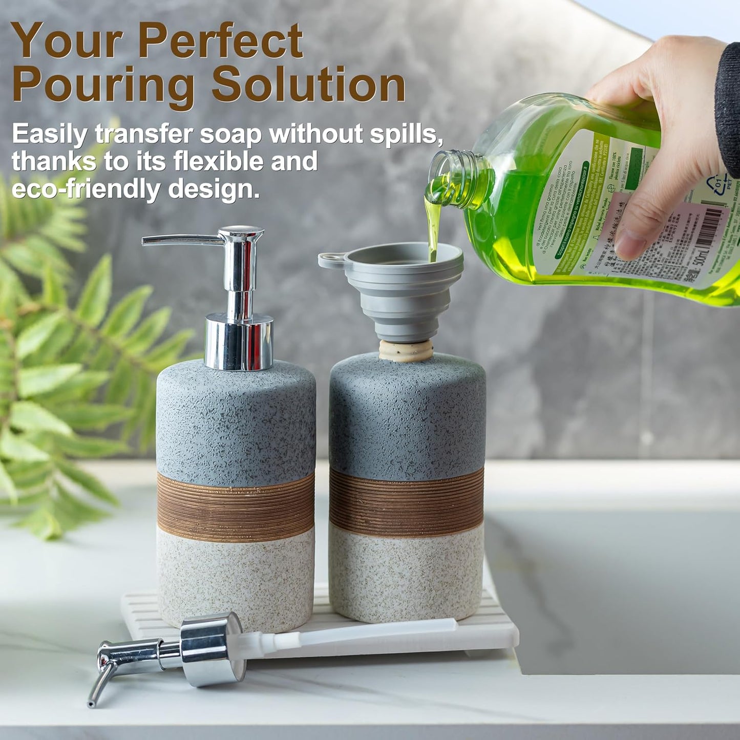 Ceramic Soap Dispenser Set(2 Pack) – Hand Soap, Dish Soap, Shampoo & Shower Soap Dispenser for Bathroom & Kitchen, Stainless Steel Pump, Includes Silicone Funnel & Diatomaceous Tray, Gray