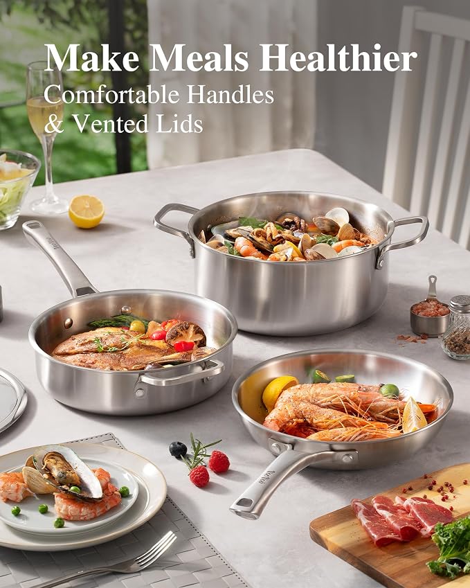 Stainless Steel Cookware Set,Tir-Ply Pots and Pans Set,13 Pcs Stainless Steel Induction Kitchen Cookware Sets,PFOA Free, Frying Pans, Butter warmer,Saute Pan & Stock Pot,Compatible with All Cooktops - Image 4