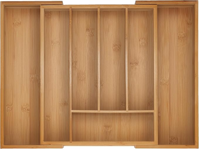 Relaxdays Extendable Cutlery Tray with 5-7 Compartments for Cutlery, 5 x 28 - 44.5 x 33.5 cm, Bamboo, Natural by Relaxdays