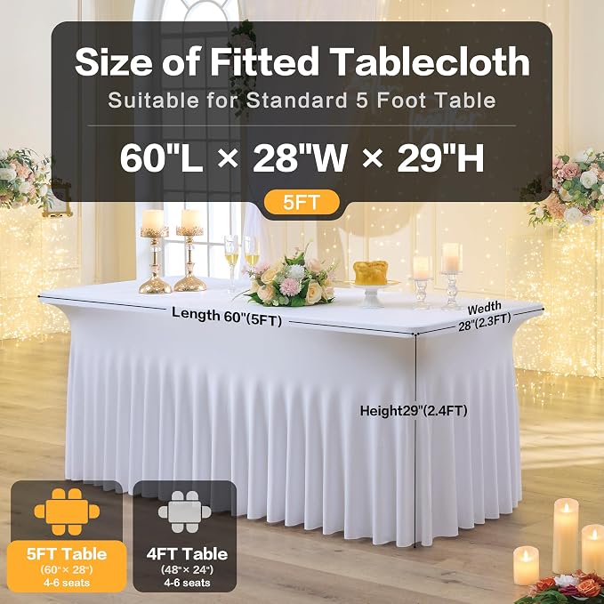 Spandex Tablecloth 5FT Rectangle Table Cover 2 Pack White Wrinkle-Free - Image 3
