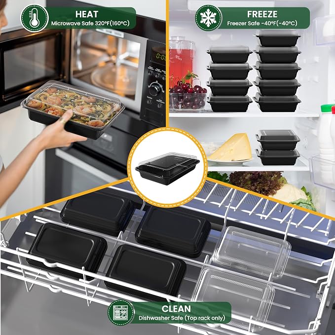 32oz Meal Prep Containers [50-Pack], Reusable Bento Box with Easy-Snap Leakproof Lids - Microwave, Dishwasher & Freezer Safe Food Storage, BPA-Free Plastic Lunch Containers (Black) - Image 6