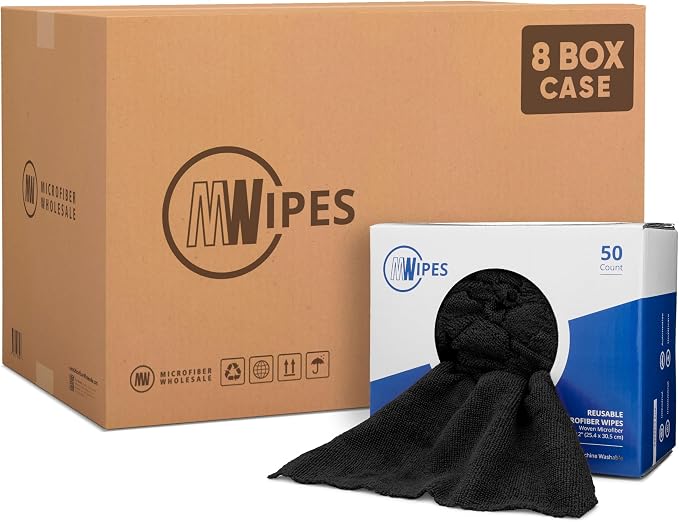 Black Microfiber Shop Towels | MWipes Reusable Shop Rags | 50 Rags in a Box (400 Count) | Super Absorbent, Machine Washable Hundreds of Times | Automotive, Paint, Industrial (8, Black) by MicrofiberWholesale