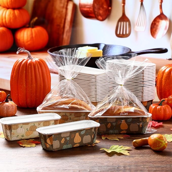 Hushee 50 Sets Fall Paper Loaf Pan 6.3 x 2.2 x 2.2 Inch Disposable Cake Pan Liners with Clear Plastic Bags and Ties Rectangle Paper Baking Mold for Thanksgiving Autumn Bread Cake Bakery(Pumpkin) - Image 5