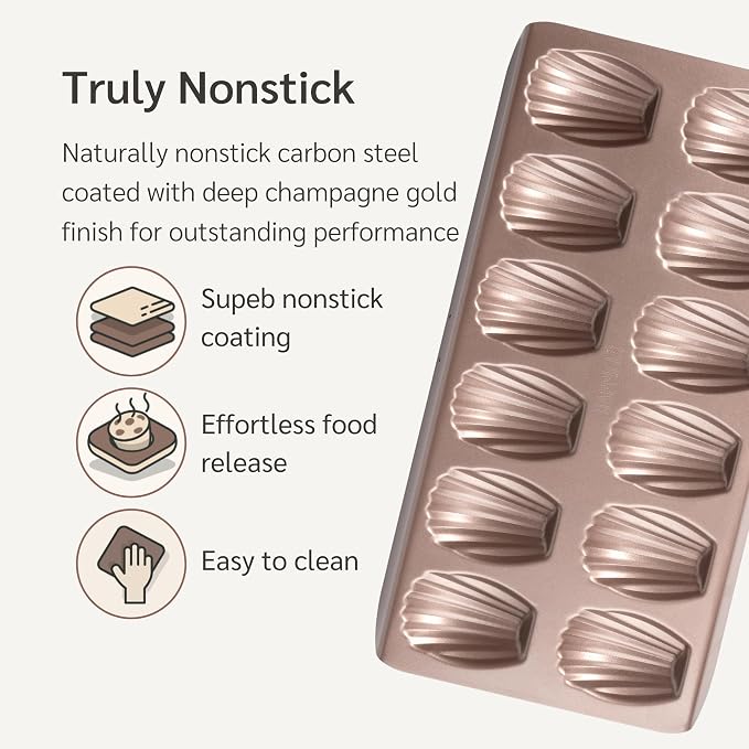 HAPPIELS 12 Well Madeleine Pan 2-Pack Nonstick, PFOA & BPA Free | | Non-Toxic - High Carbon Steel - Gold - Madeleines Cake Cookie Mold - Image 2