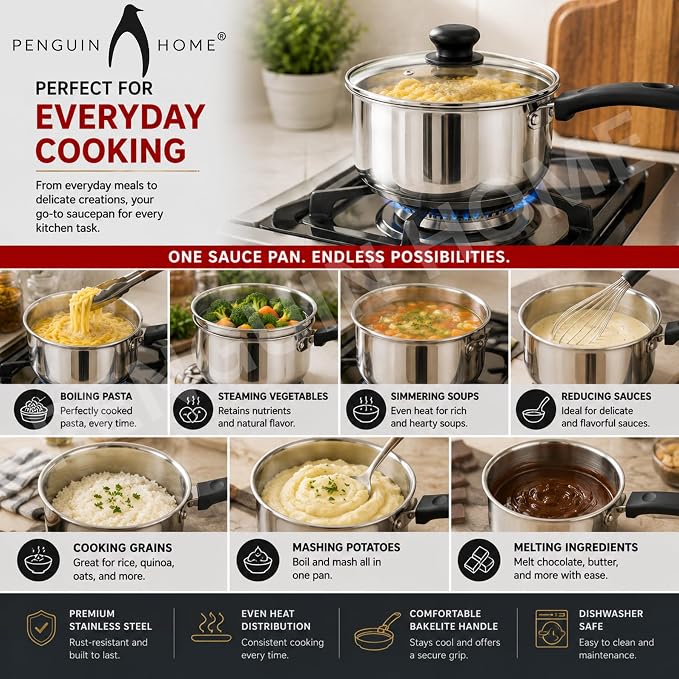 Penguin Home Professional Induction-Safe Saucepan with Lid, Stainless Steel, 16 cm, 1.5 L - Image 6