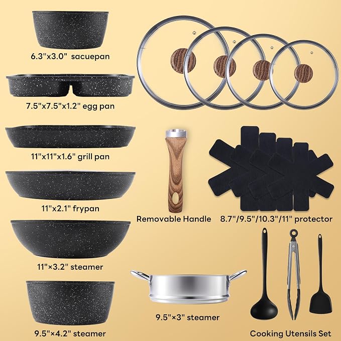 NEWBULIG 17-Piece Nonstick Cookware Set, Dishwasher Safe Non-Toxic Pots and Pans with Stay-Cool Handles, Induction Compatible Cookware, PFAS & PFOA-Free, Black - Image 2