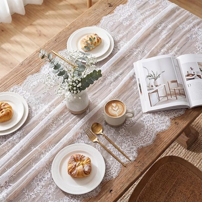 Remagr 12 Pcs White Lace Table Runner 30 x 120 Inch Vintage Rustic Boho Table Runners Embroidered Floral Lace Decor for Wedding Party Bridal Shower Baby Shower - Image 3