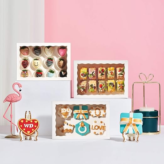 50PCS 10 x 7 x 2.5 inches One Piece White Bakery Boxes, Strawberry Boxes, Elegant White Cookie Boxes with Display Window - Image 8