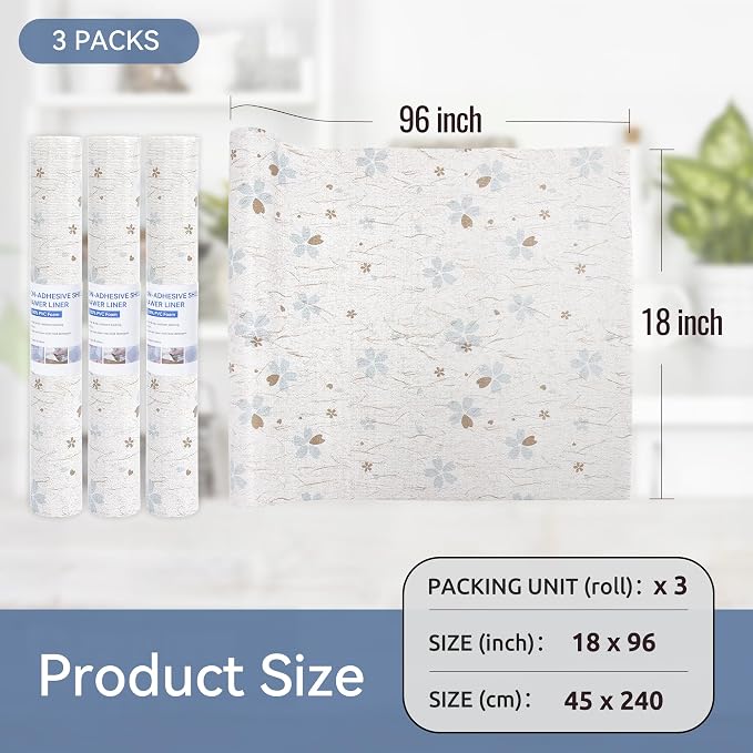 FIFTY FEET 18"x96" Non-Adhesive Shelf Liner for Kitchen Cabinets and Drawers, Washable Non-Slip PVC Cabinet Liner (White Floral)(3 Roll) - Image 5