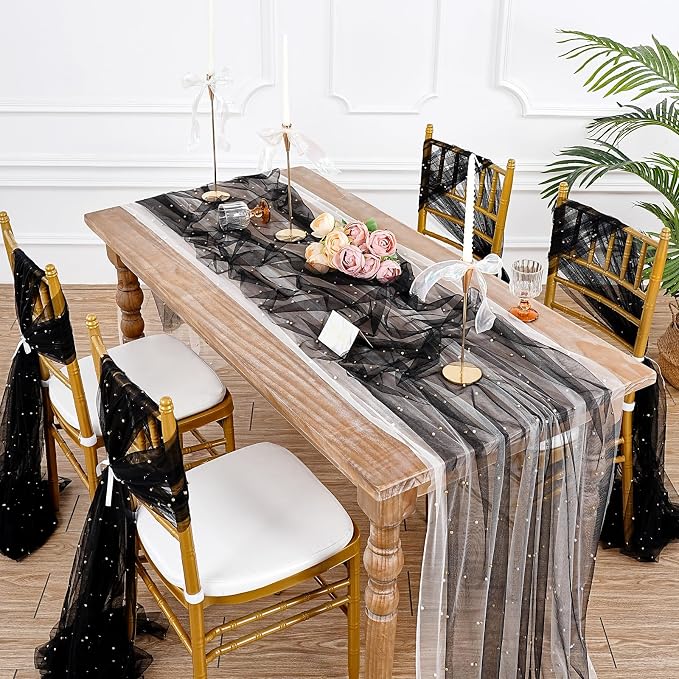 Gauze Pearl Tulle Table Runner Fabric Black 10ft Christmas Veil Chiffon - Image 2