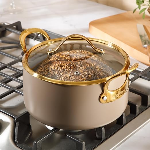 Bloomhouse - Two Time Oprah's Favorite Things Winner - 6 Quart Heavy Duty Aluminum Premium PFA Free Ceramic Nonstick Dutch Oven Pot with Lid - Cappuccino Cream with Gold Handle - Image 4