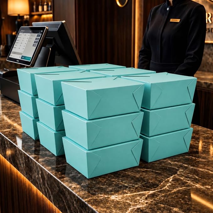 Restaurantware Paper Take Out Box 50 Count 8.5 x 6.2 x 3.5 Inches 98 oz Leakproof Turquoise Food Container with Secure Lid, Grease-Resistant Rectangular Design for Large Capacity Food Storage - Image 5