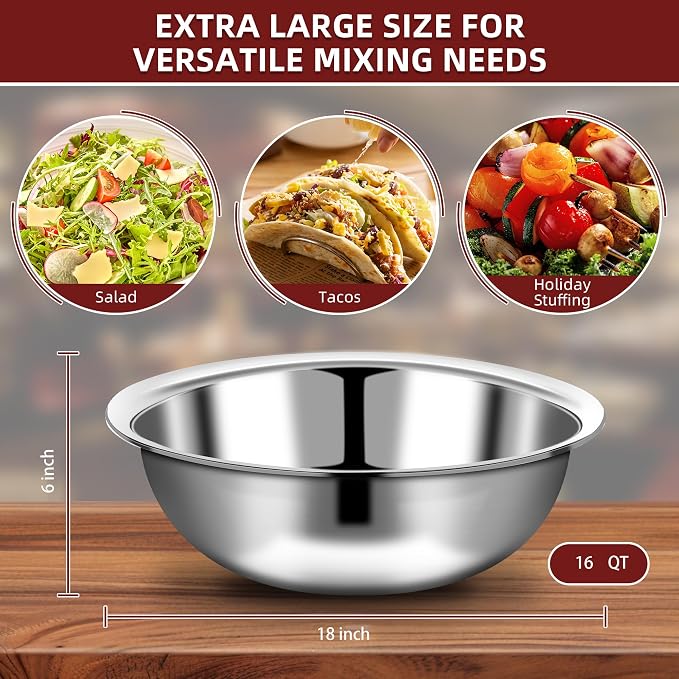 6 Pcs Stainless Steel Mixing Bowls Metal Mixing Bowls Extra Large Basin Salad Bowl with Deeper Edge, Dishwasher Safe, Mirror Finish for Home and Commercial, Silver (18 Inch 16 Qt) - Image 2
