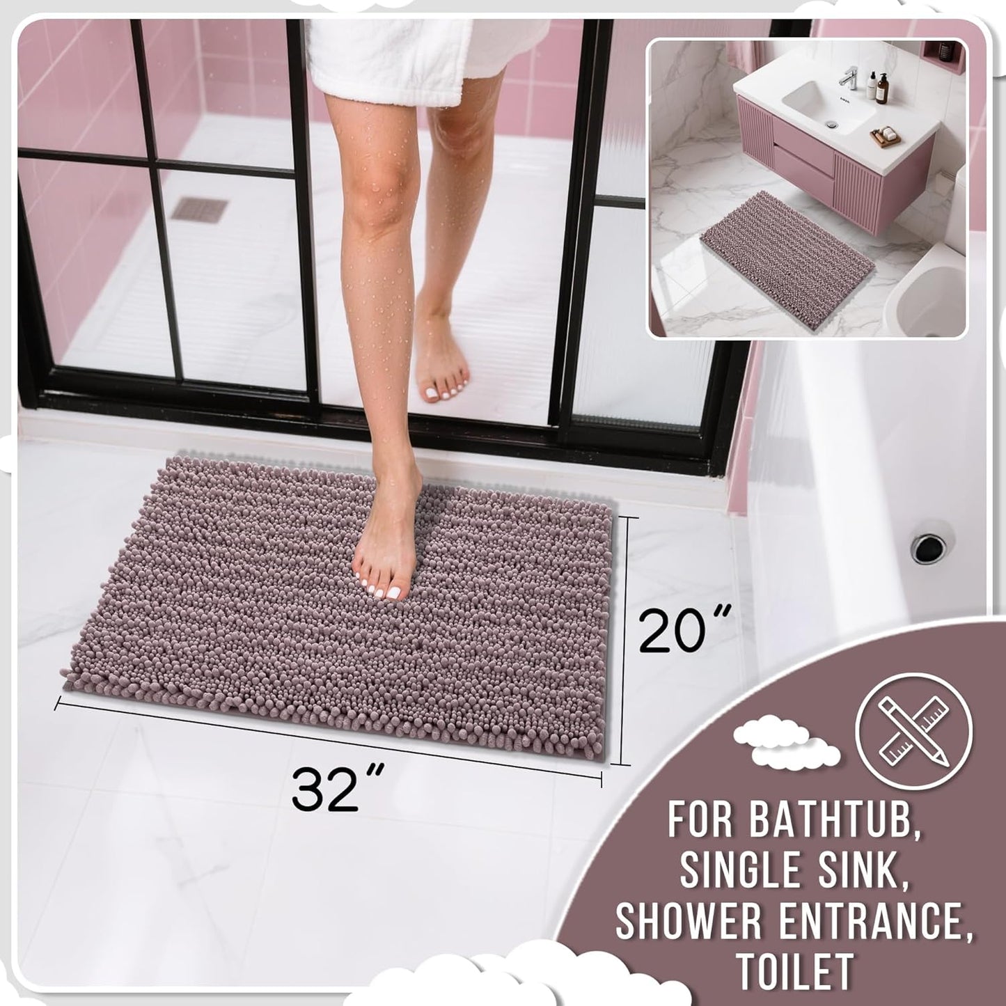 Yimobra Bathroom Rugs Non Slip Washable 32x20 Inch - Ultra Soft Absorbent Chenille Bath Mat, Quick Dry Shaggy Floor Carpet for Tub Shower, Mauve Home Decor Accessories
