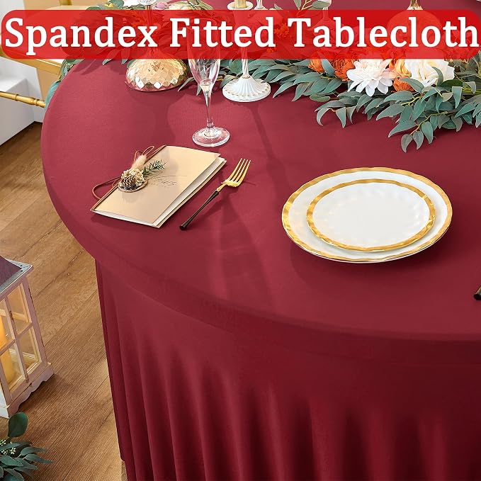 8 Pack Burgundy Round Spandex Tablecloth for 72 inch Table, Stretchy 132inch Fitted 6FT Round Table Cloths Maroon, Wrinkle Free Table Cover with Skirt for Wedding Birthday Christmas Party Banquet - Image 2