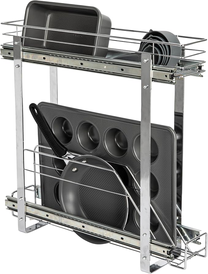 Household Essentials Glidez Multipurpose Chrome-Plated Steel Pull-Out/Slide-Out Storage Organizer for Cookware and Bakeware - 2-Tier Design - Fits Standard Size Cabinet or Shelf, Chrome by HouseholdEssentials