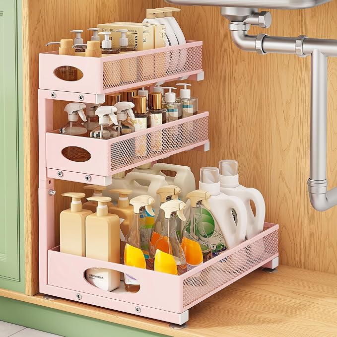 Kitstorack Under Sink Organizer 3-Tier Slide Out Drawer 1-Pack Pink by Kitstorack