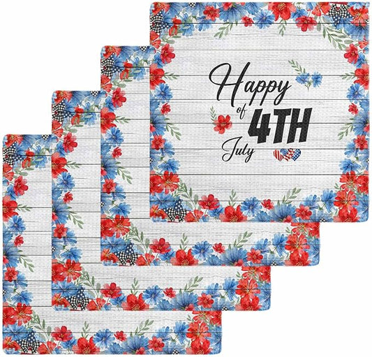 Independence Day Dish Towels Set, Waffle Weave Kitchen Towels 4 Pieces, USA Flag Flowers Leaves Grey Wood Grain Microfiber Hair Face Bath Tea Towel Absorbent Quick Drying Cleaning Dish Cloths, 12"x12" by Unknown