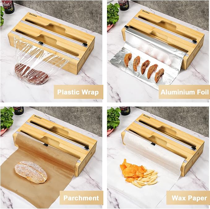 Plastic Saran Wrap Dispenser with Cutter, Basima Foil and Plastic Wrap Organizer, 2 in 1 Bamboo Aluminum Foil, Parchment and Wax Paper Organization and Storage for Kitchen Drawer, Fits 12" Roll - Image 6