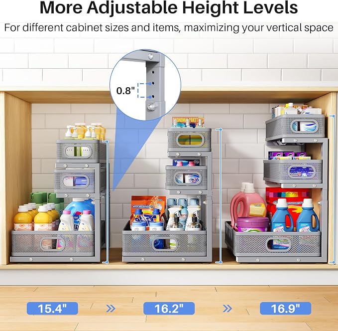 Under Sink Organizer, 3-Tier Thickened Metal Pull out Cabinet Organizer Shelf, Height Adjustable Slide out Storage Drawer Rack for Kitchen Bathroom Pantry Laundry Home Organization, 2-Pack, Grey - Image 8