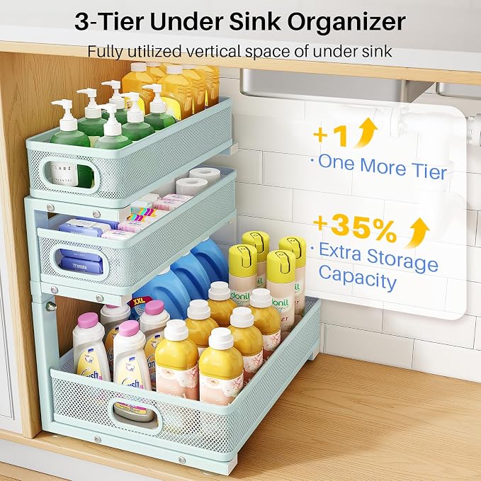 Under Sink Organizer, 3-Tier Thickened Metal Pull out Cabinet Organizer Shelf, Height Adjustable Slide out Storage Drawer Rack for Kitchen Bathroom Pantry Laundry Home, 1-Pack, LightBlue - Image 3