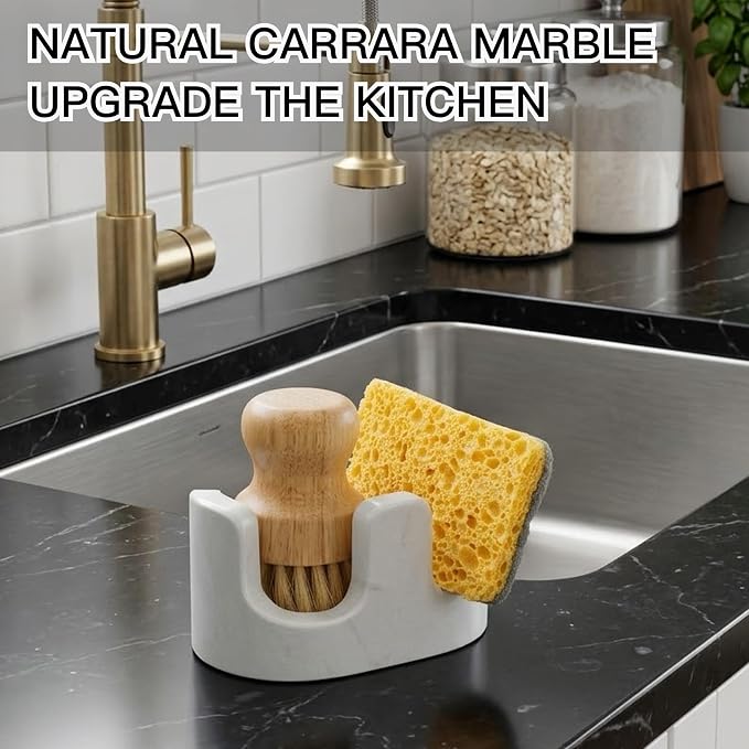 White Marble Sponge Holder for Kitchen Sink, 2-in-1 Sponge & Brush Holder with Raised Edge, 2 Slot Natural Stone Sink Caddy for Countertop, Keeps Countertops Dry, Non-Slip Base, Modern Kitchen Decor - Image 4