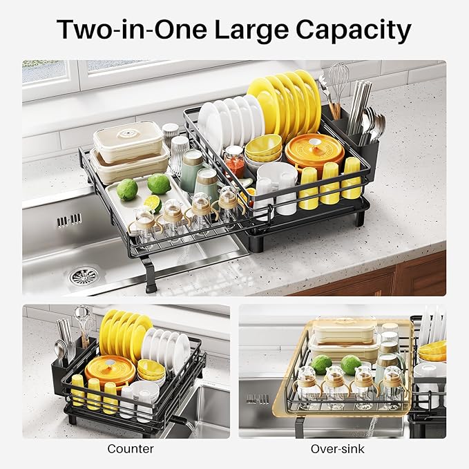 Expandable Dish Drying Rack for Kitchen Counter, Stainless Steel, Black - Image 2