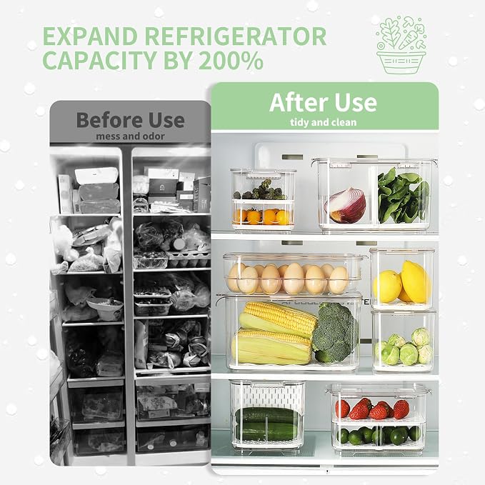 elabo Fridge Fruit Storage Containers, 2Pc Veggies Produce Saver Organizer | BPA-Free & Food Grade Containers, Keep Berries and Veggies Fresh, Large Capacity with Removable Drain Tray - Image 4