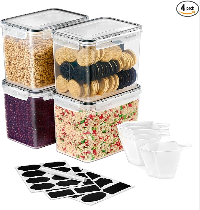 Sorbus Air Tight Pantry Storage Containers, with Lids (4 Pack) | Four-way snap closure helps keep cereal, pasta, flour, nuts and candy fresh; durable plastic bins for kitchen use. by Sorbus
