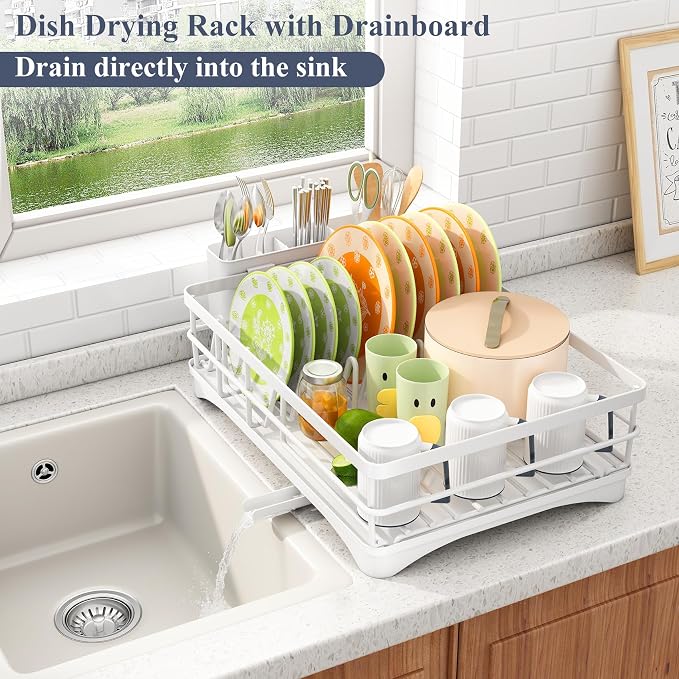 SAYZH Dish Drying Rack for Kitchen Counter with Utensil Holder, White - Image 2